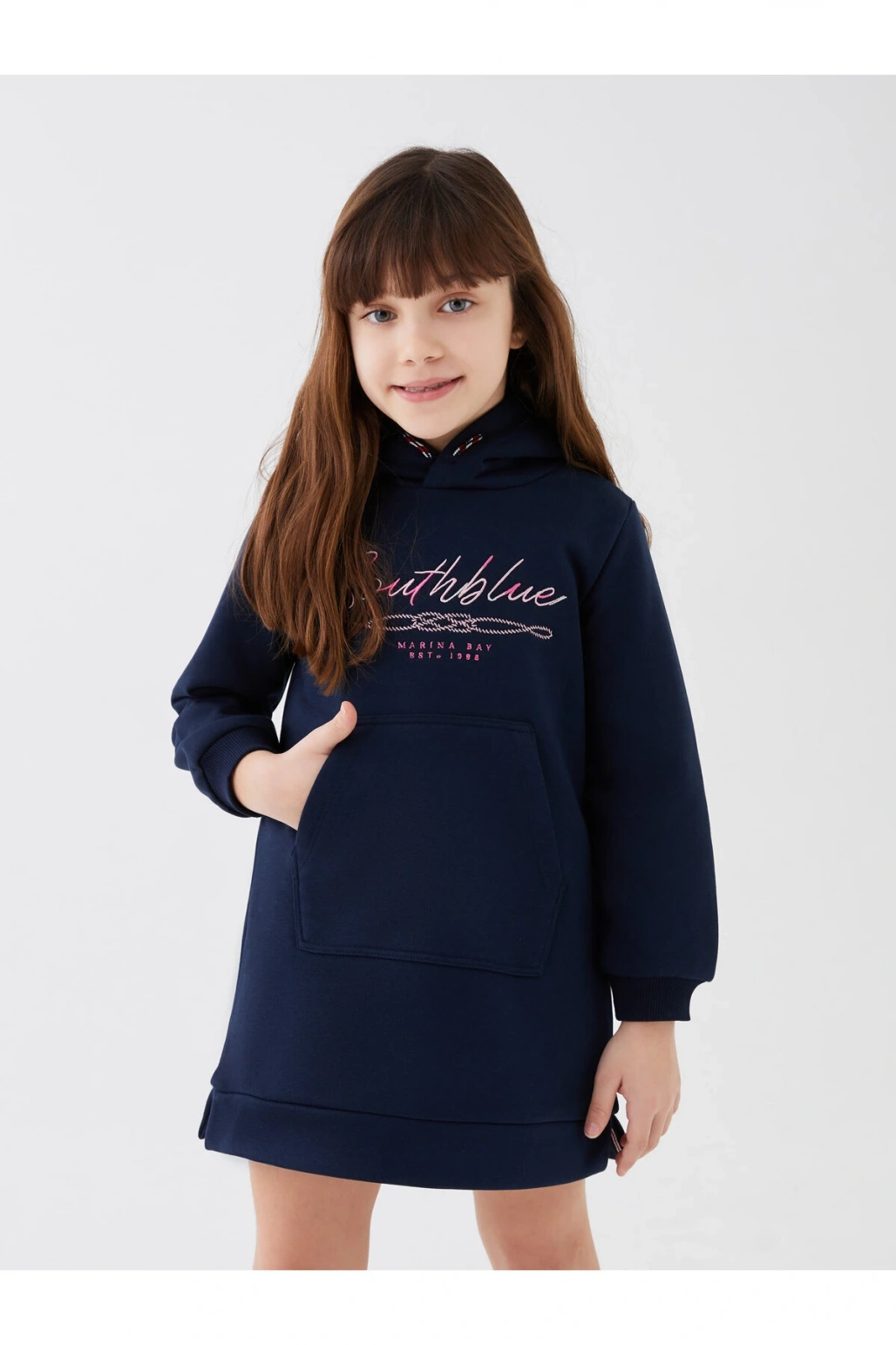 Kapüşonlu Nakışlı Uzun Kollu Kız Çocuk Elbise