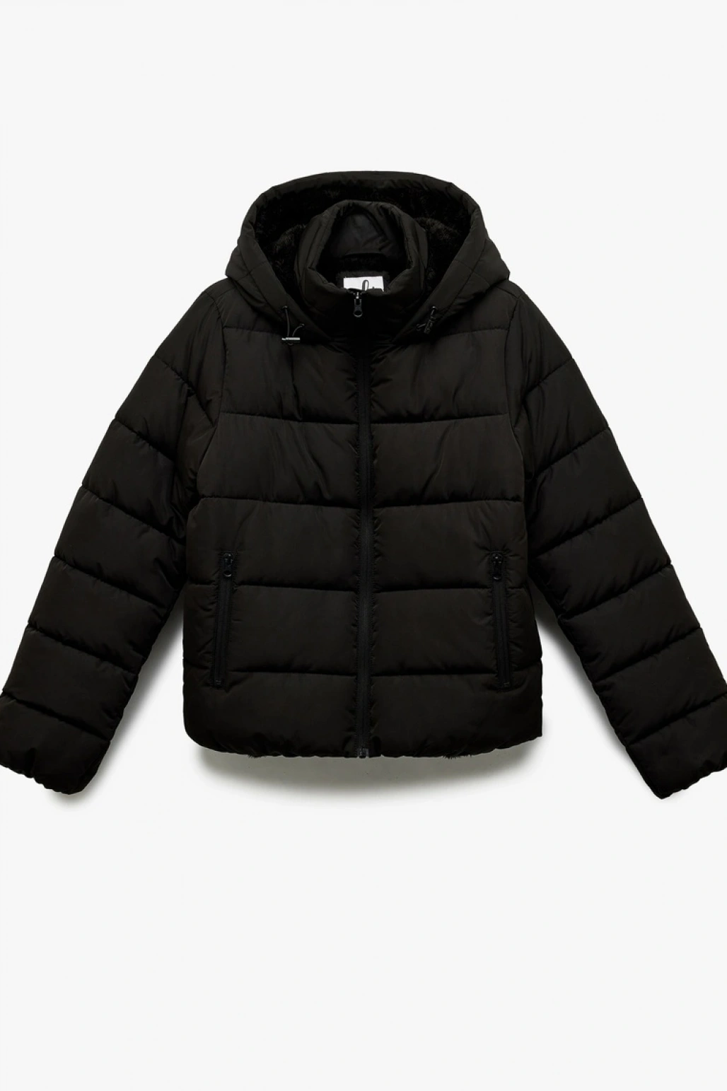 Kapüşonlu Uzun Kollu İçi Suni Kürklü Fermuarlı Cepli Şişme Mont