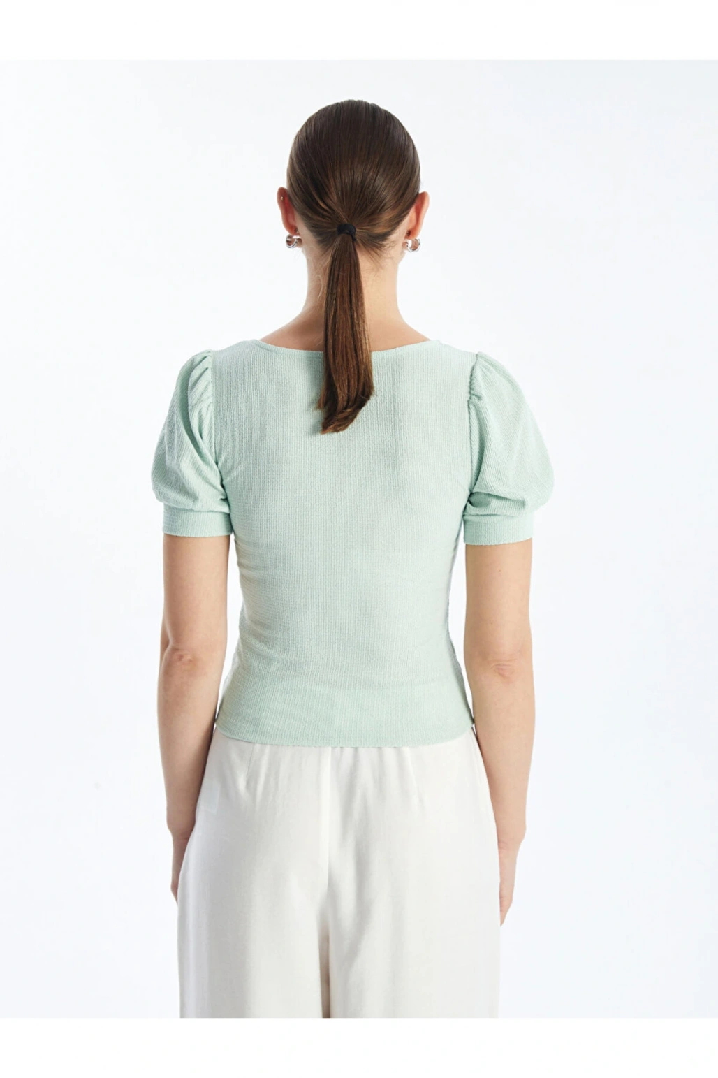 Kare Yaka Düz Kısa Kollu Kadın Bluz