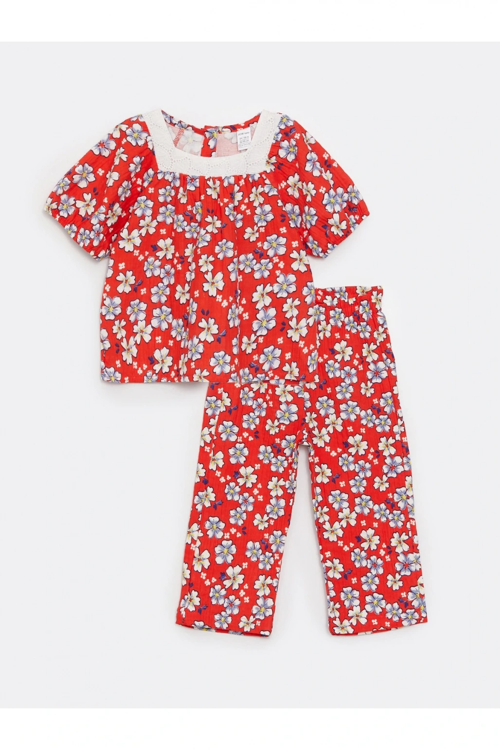 Kare Yaka Kısa Kollu Desenli Kız Bebek Bluz Ve Pantolon 2li Takım