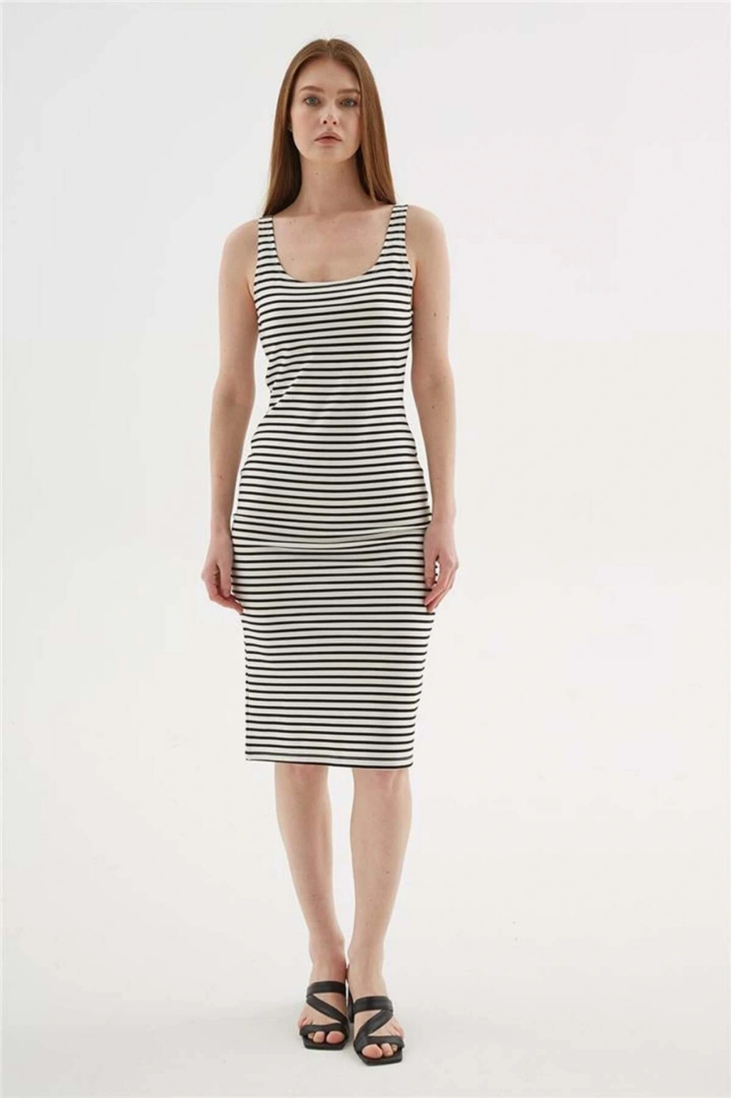 Kare Yaka Midi Elbise Ekru Çizgili