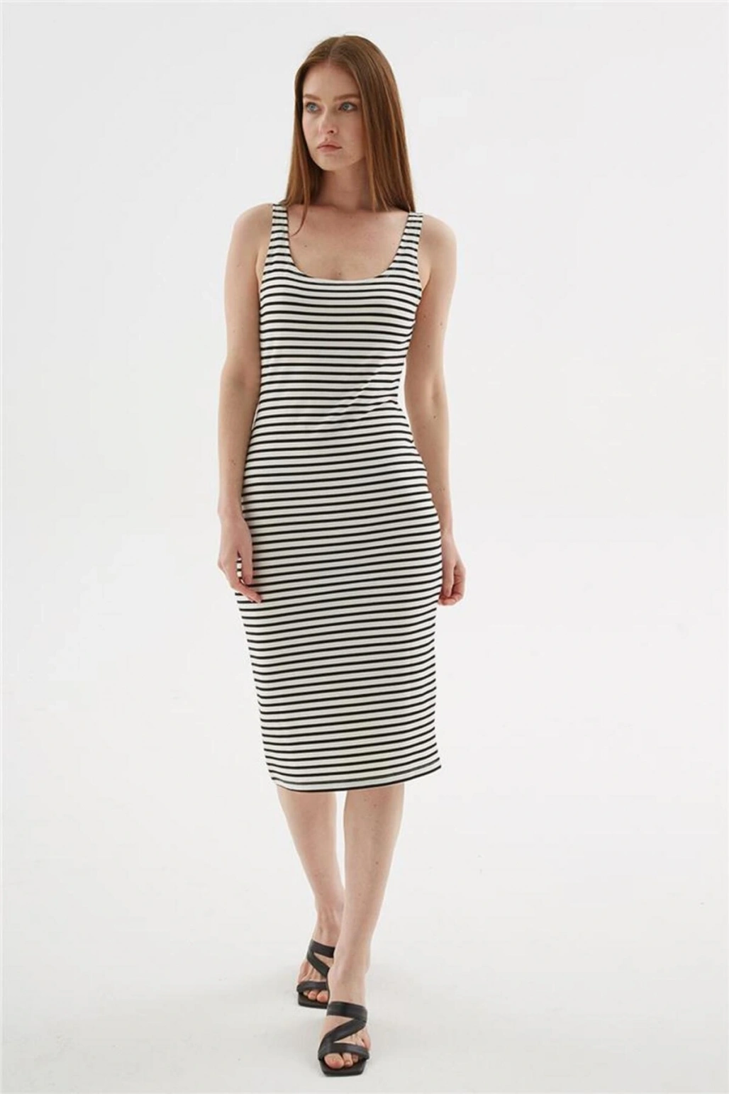 Kare Yaka Midi Elbise Ekru Çizgili