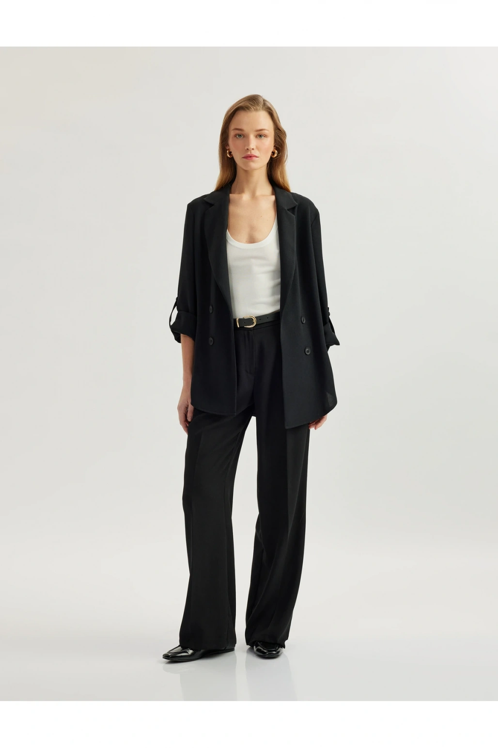 Katlama Detaylı Krep Kumaş 3/4 Kol Kruvaze Uzun Oversize Blazer Ceket