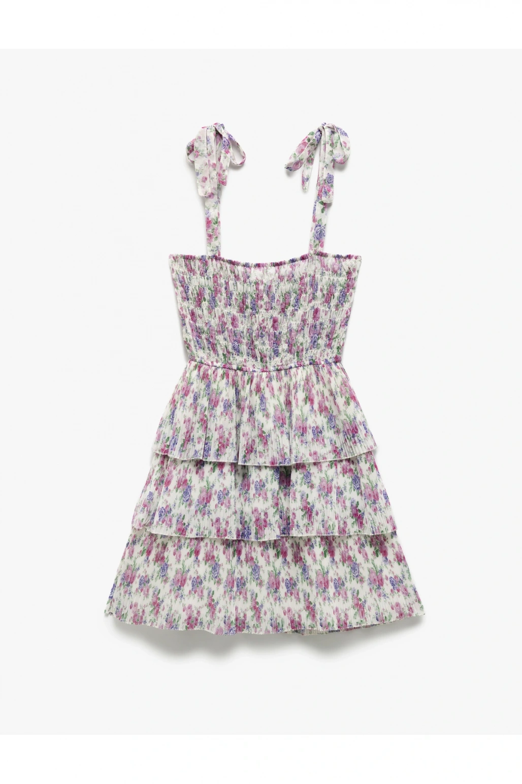 Katlı Volanlı Askılı Kare Yaka Çiçekli Viskon Mini Elbise