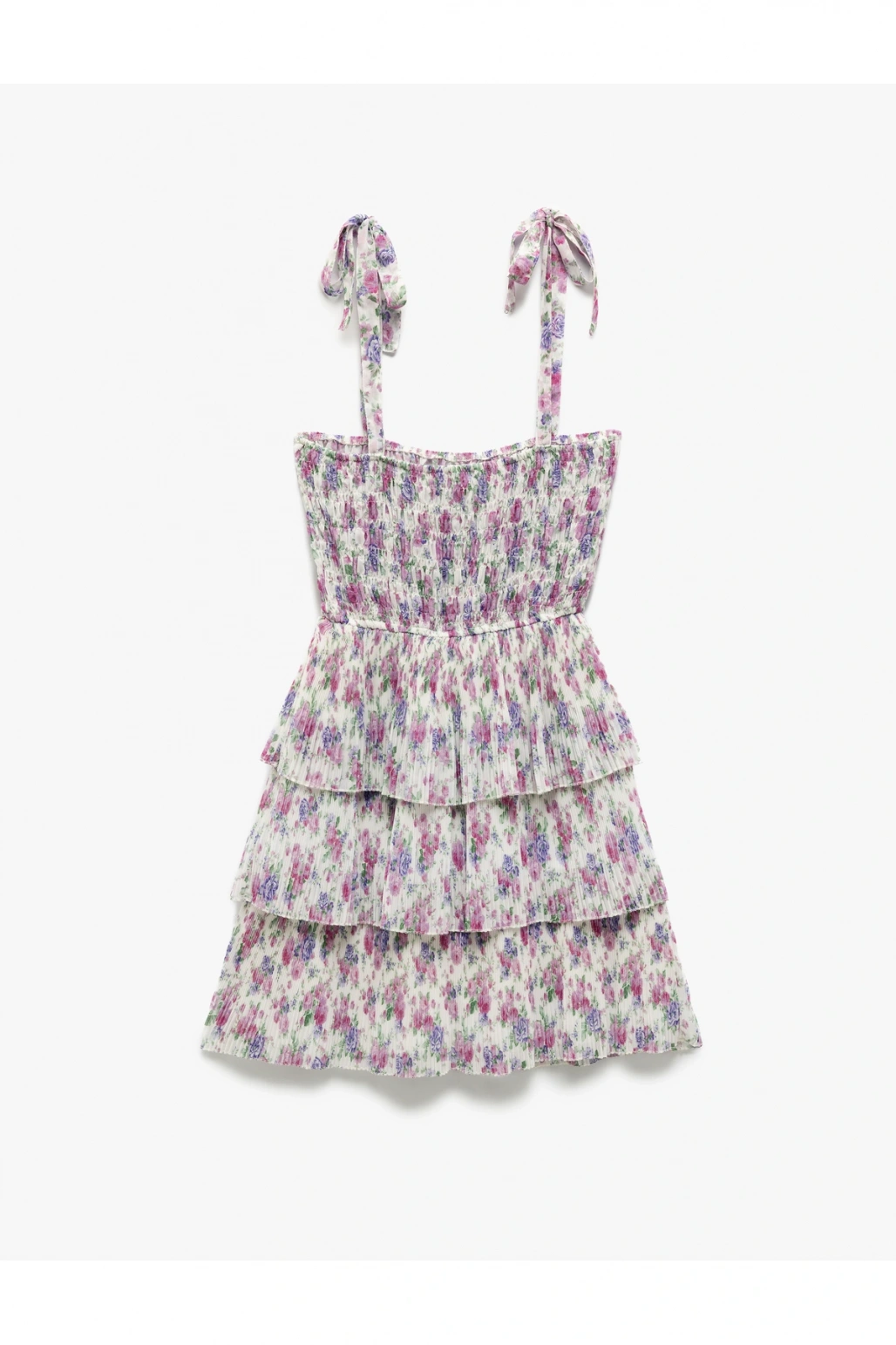 Katlı Volanlı Askılı Kare Yaka Çiçekli Viskon Mini Elbise