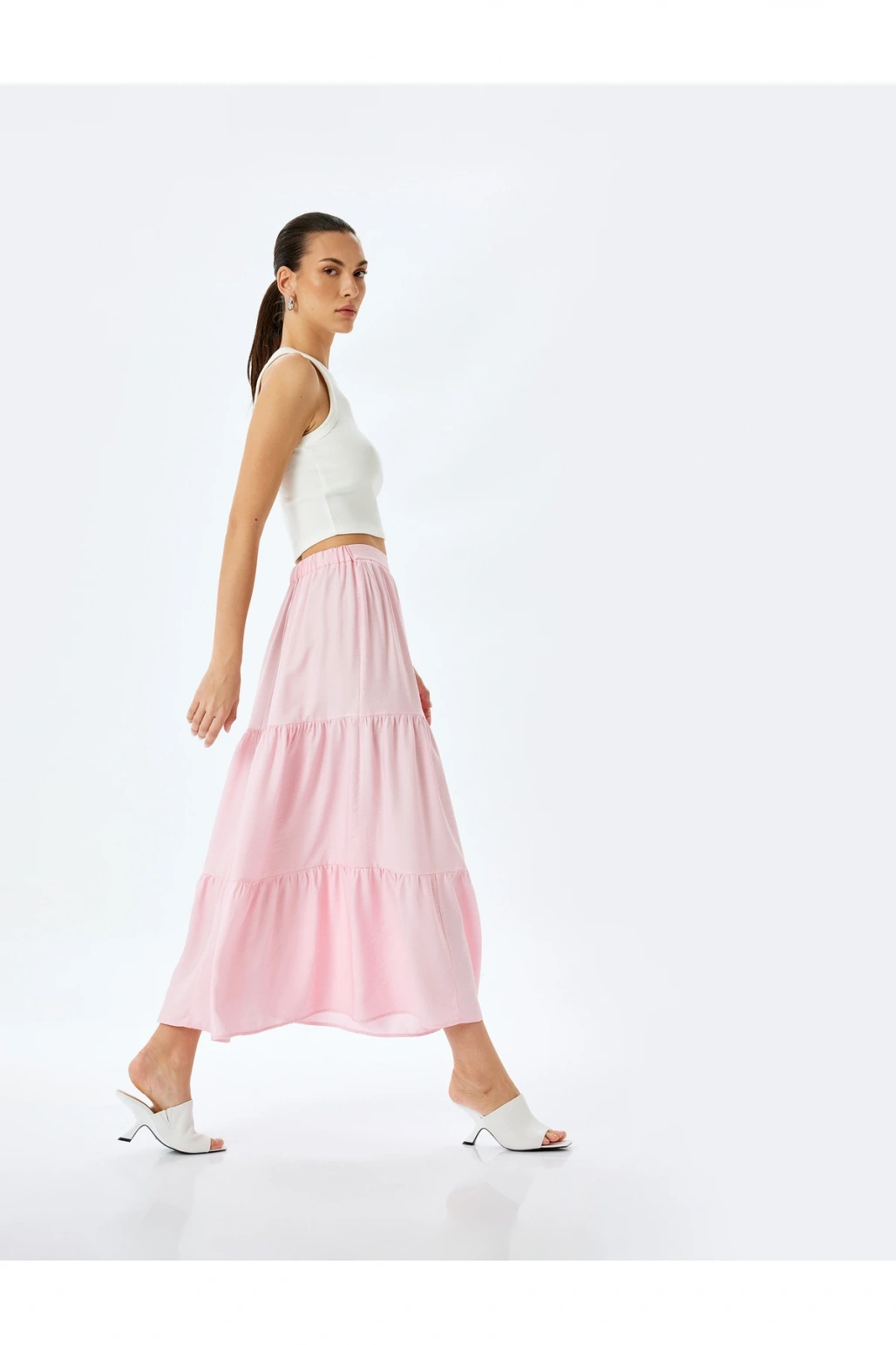 Katmanlı Yüksek Bel Uzun Viskon Etek