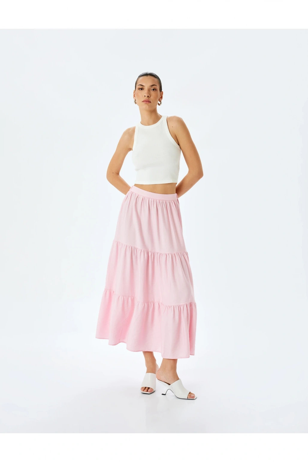 Katmanlı Yüksek Bel Uzun Viskon Etek