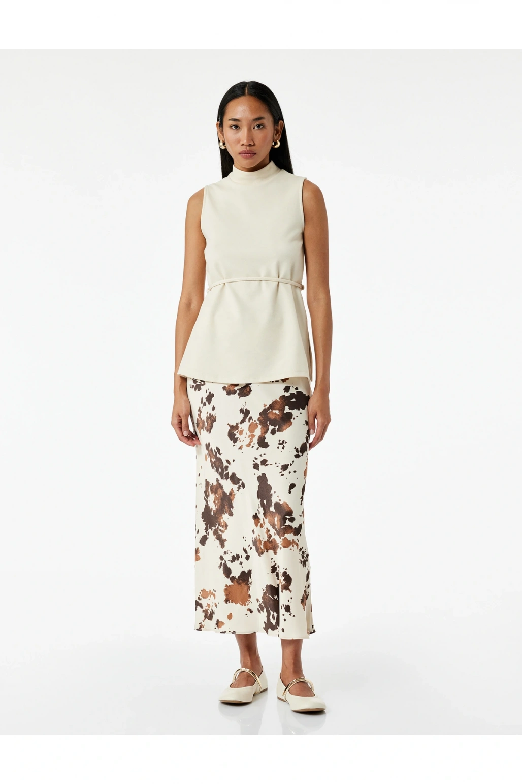 Kemer Detaylı Desenli Uzun Saten Etek