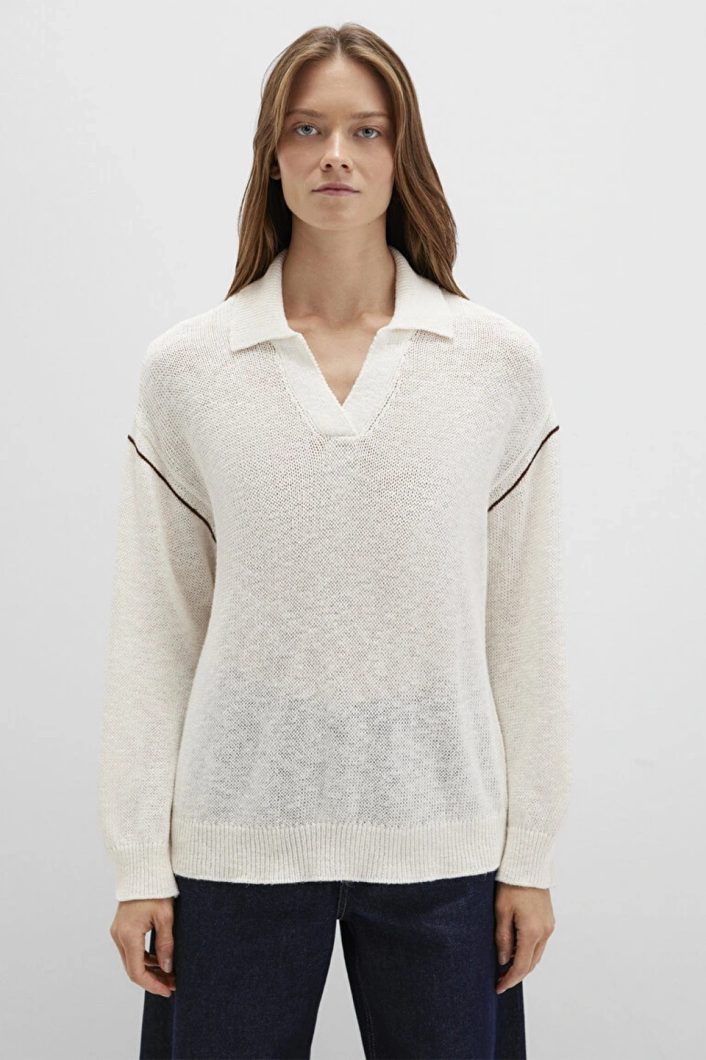 Keten Karışımlı Kol Detaylı Bej Triko Polo