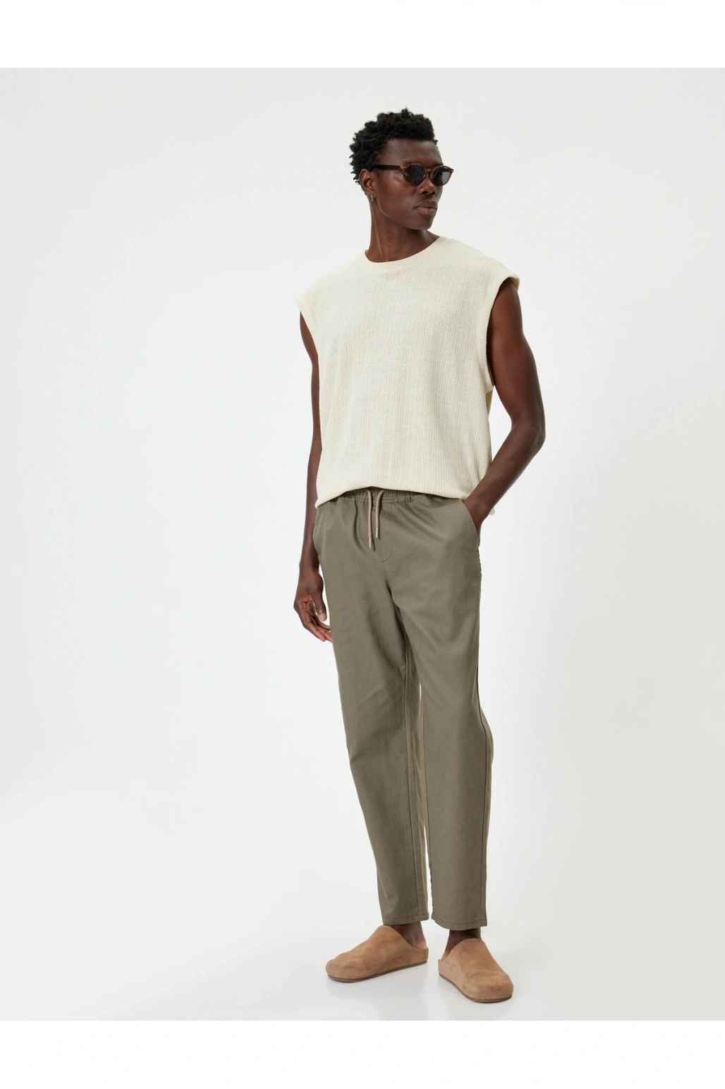 Keten Pantolon Beli Lastikli Cep Detaylı