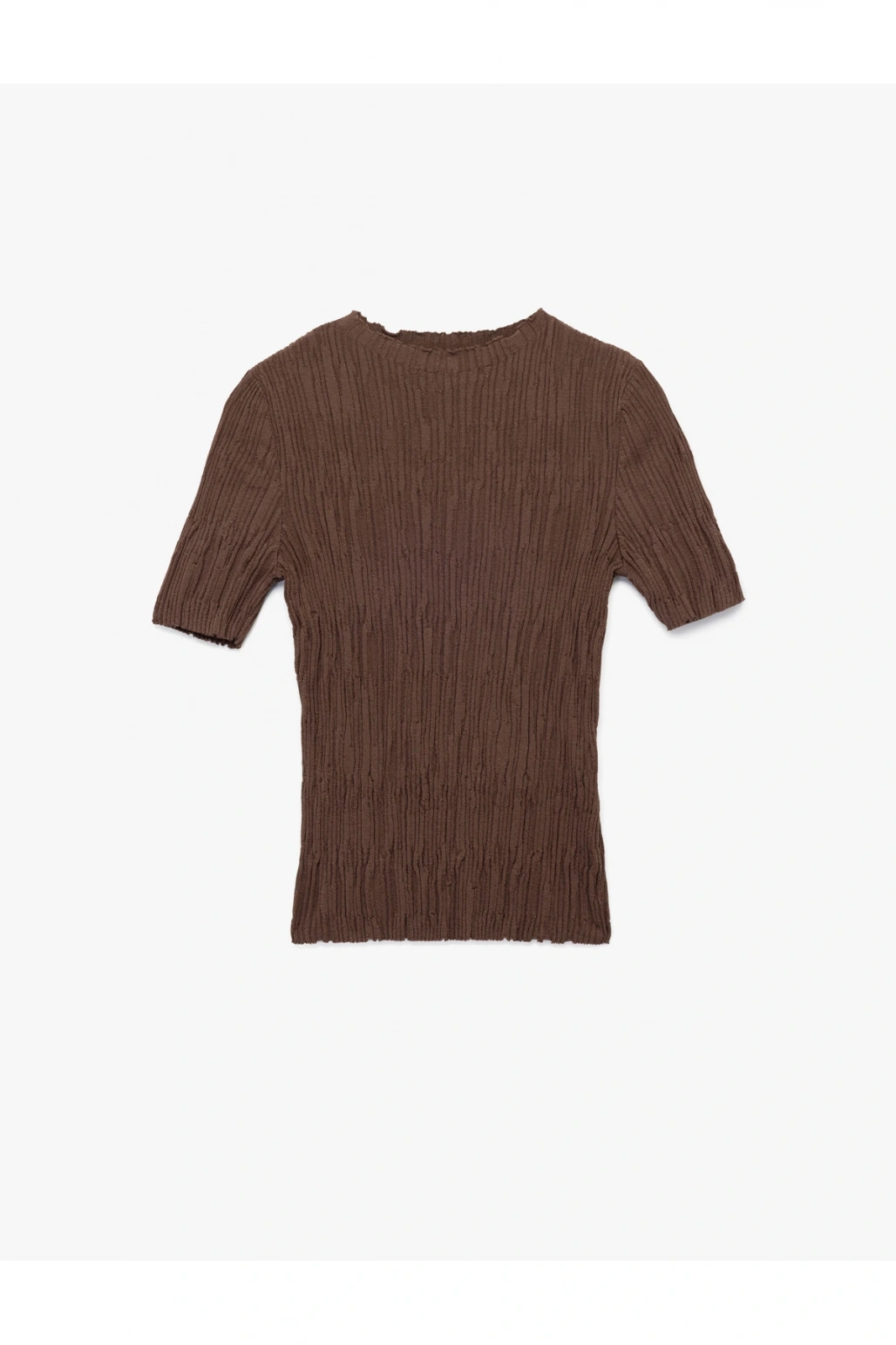 Kısa Kollu Bisiklet Yaka Büzgülü Dokulu Triko Kazak