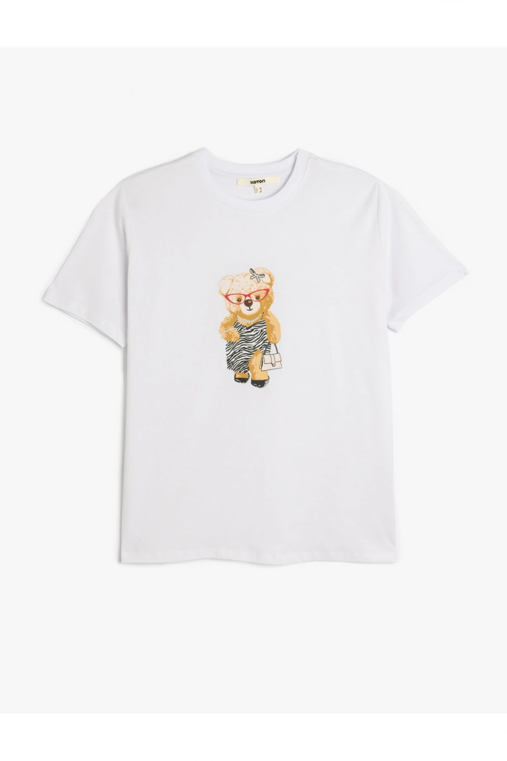 Kısa Kollu Bisiklet Yaka Pamuklu Ayıcık Baskılı Tişört