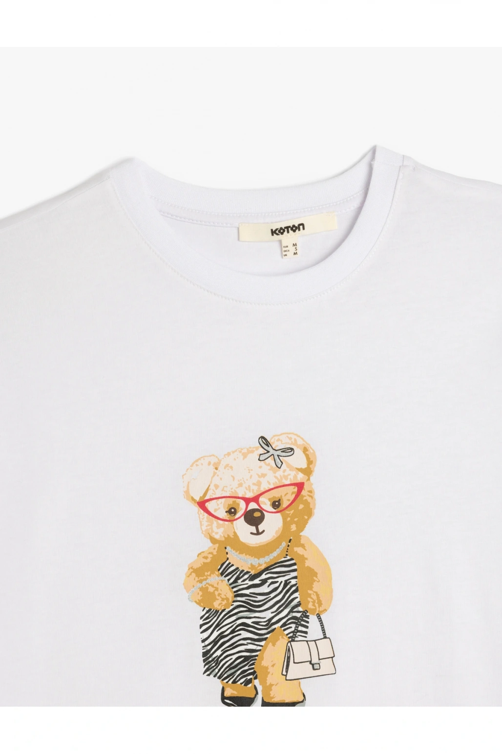 Kısa Kollu Bisiklet Yaka Pamuklu Ayıcık Baskılı Tişört