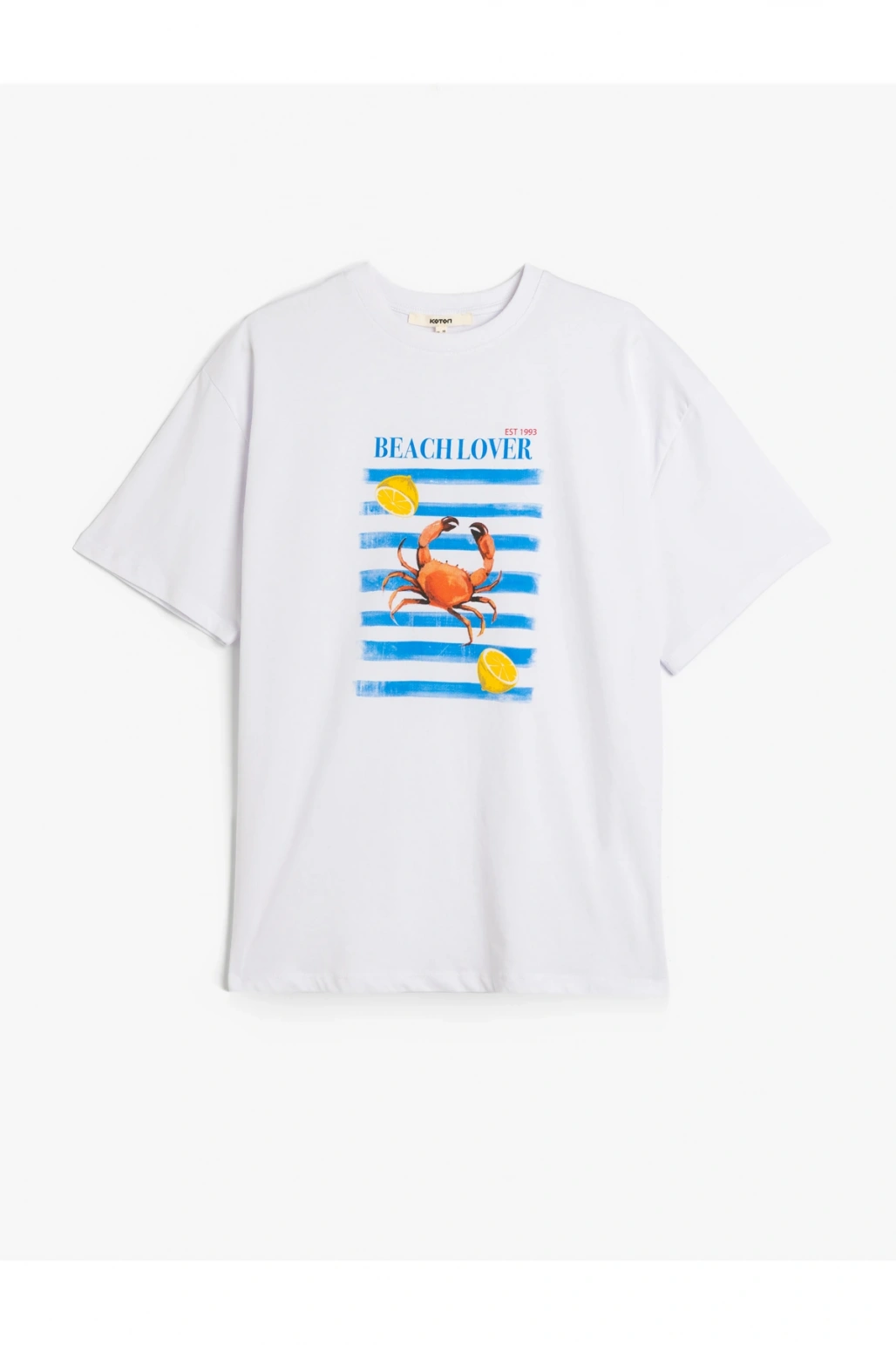 Kısa Kollu Bisiklet Yaka Pamuklu Yengeç ve Limon Baskılı Oversize Kadın Tişört