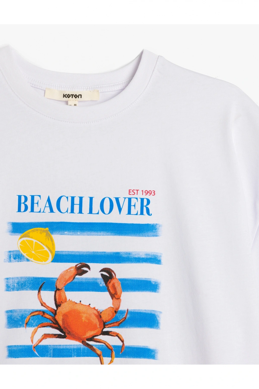 Kısa Kollu Bisiklet Yaka Pamuklu Yengeç ve Limon Baskılı Oversize Kadın Tişört