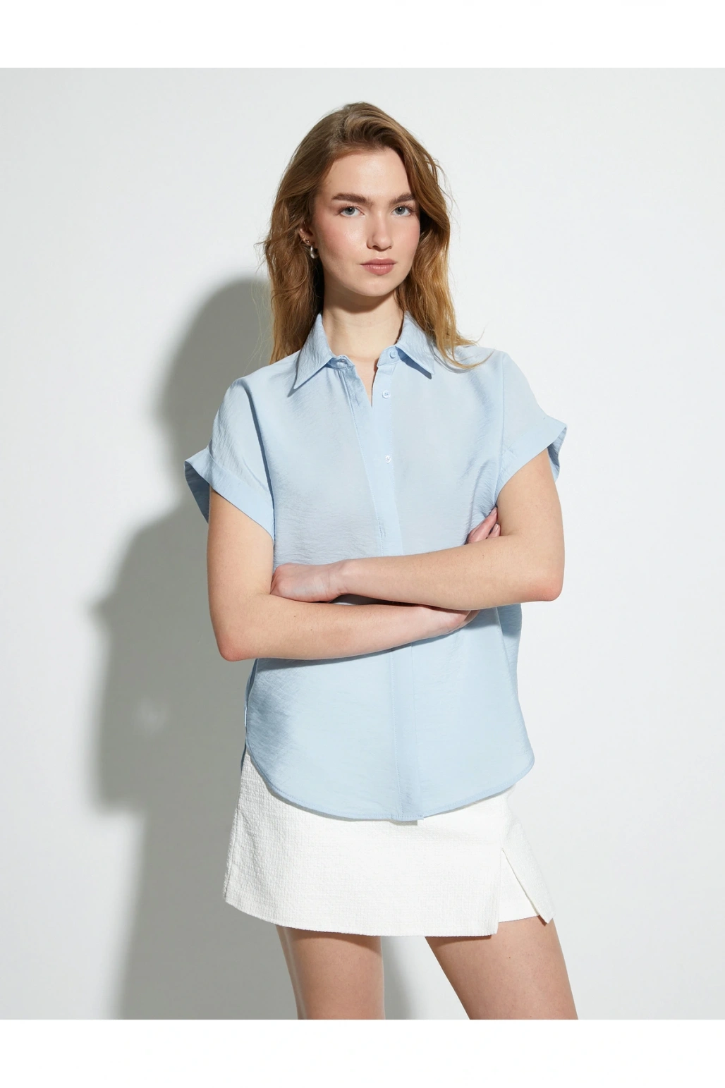 Kısa Kollu Gömlek Viskon Klasik Yaka Dokulu