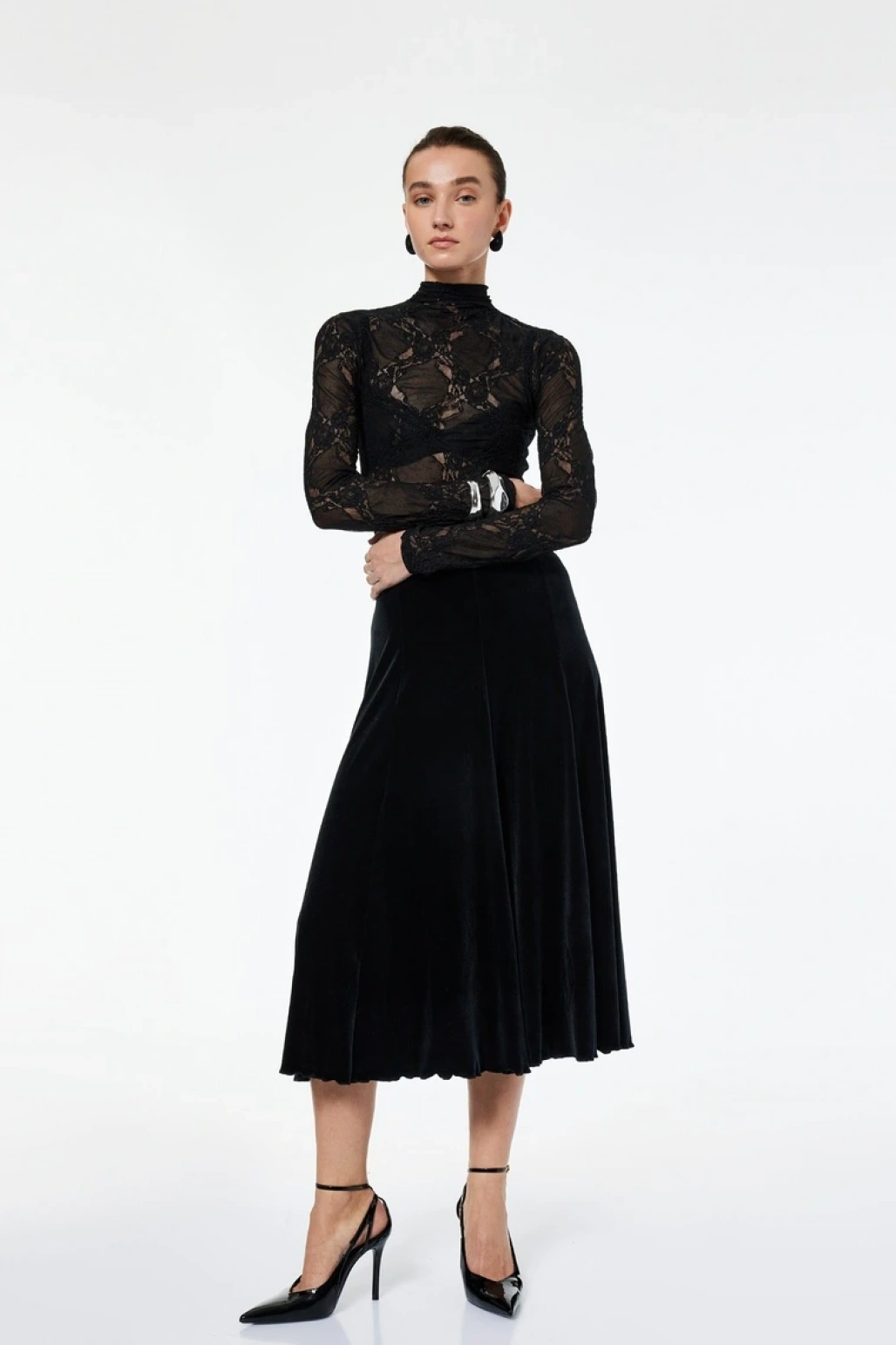 Kloş Kesim Simli Midi Kadife Etek