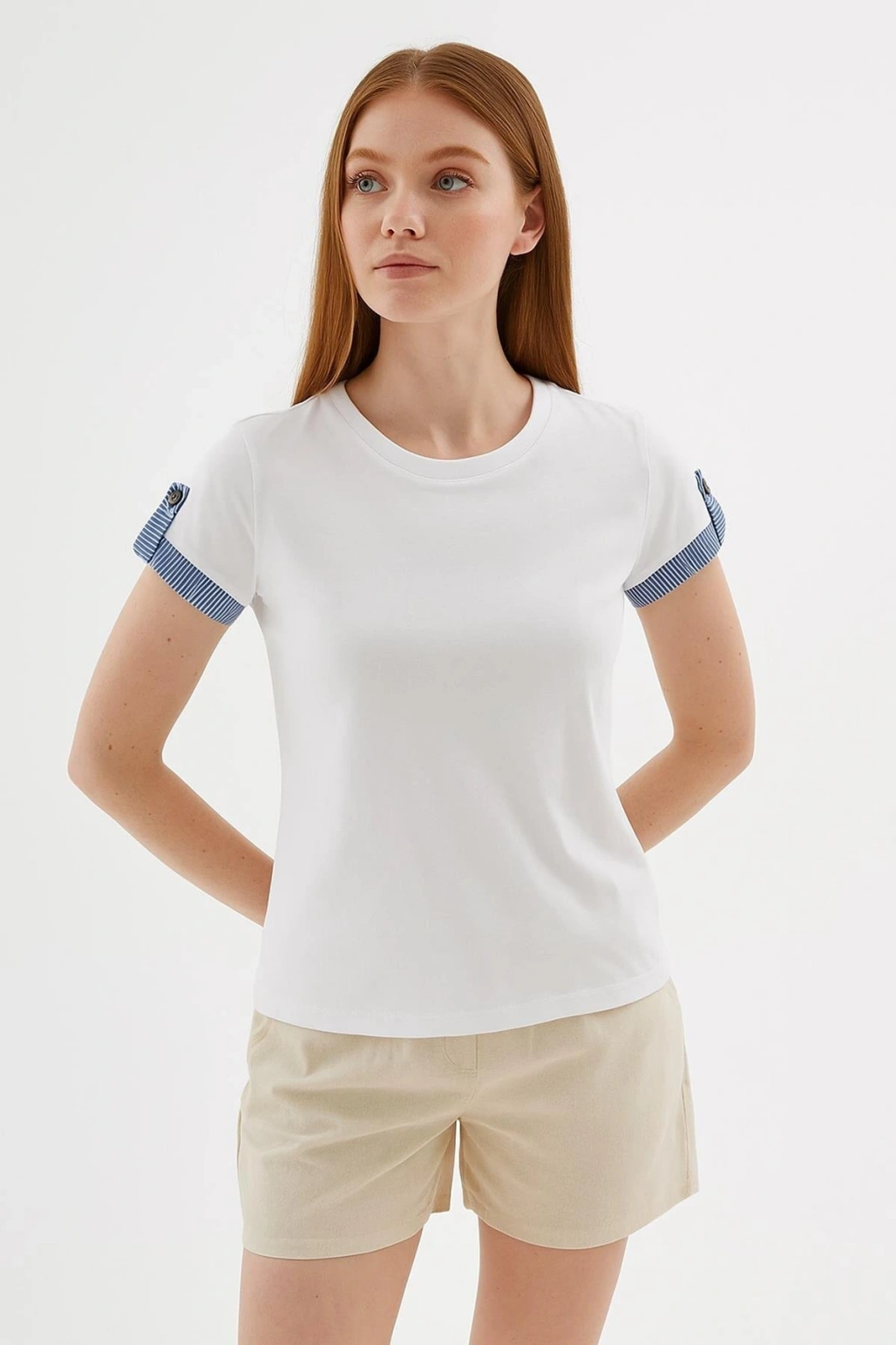 Kolları Garnili %100 pamuklu Bluz Beyaz