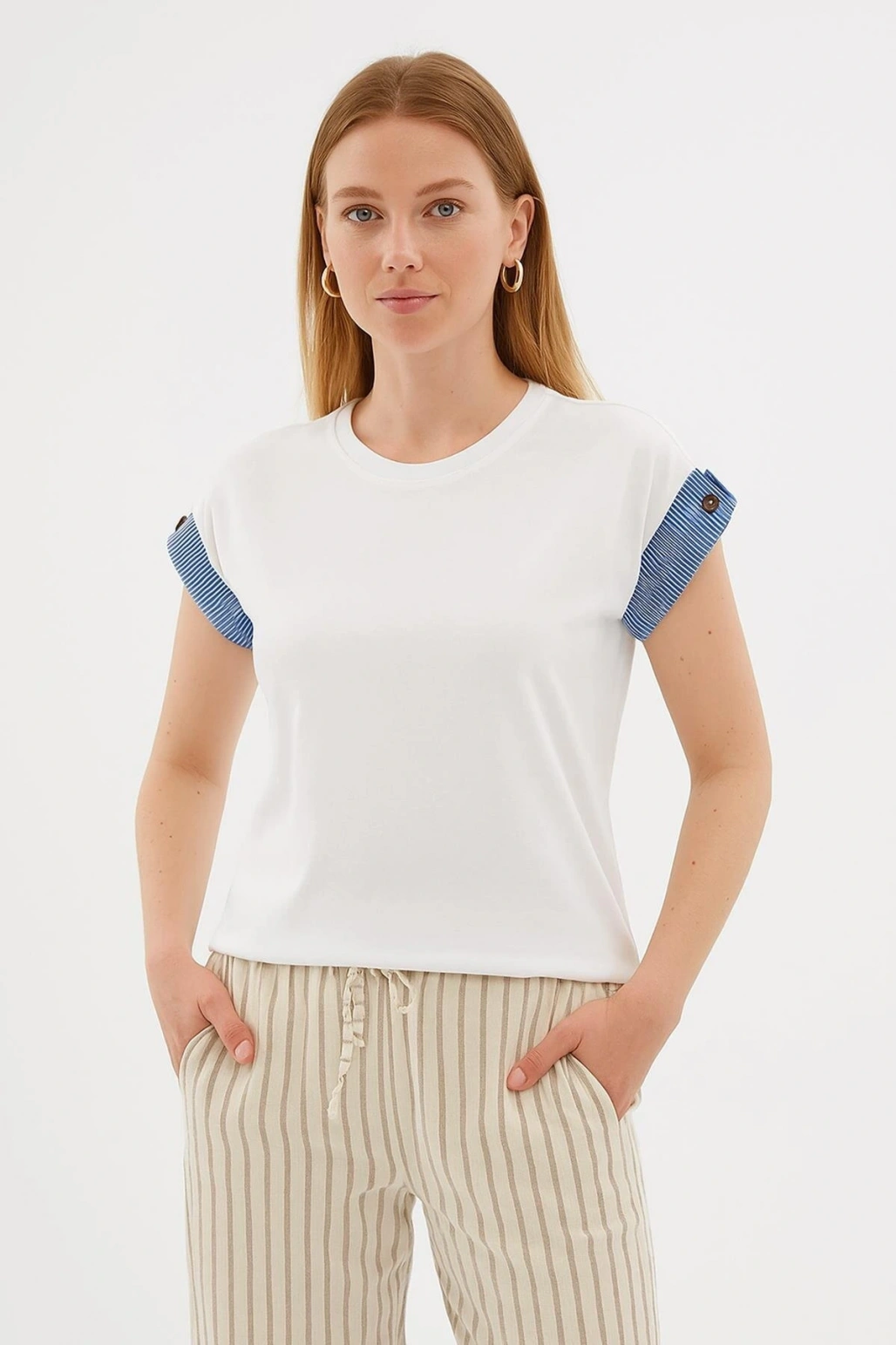 Kolları Garnili %100 pamuklu Bluz Beyaz