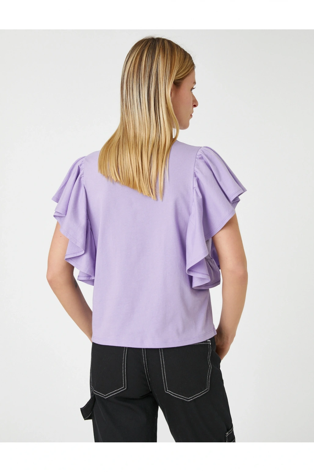 Kolları Volanlı Tişört Bisiklet Yaka Pamuklu