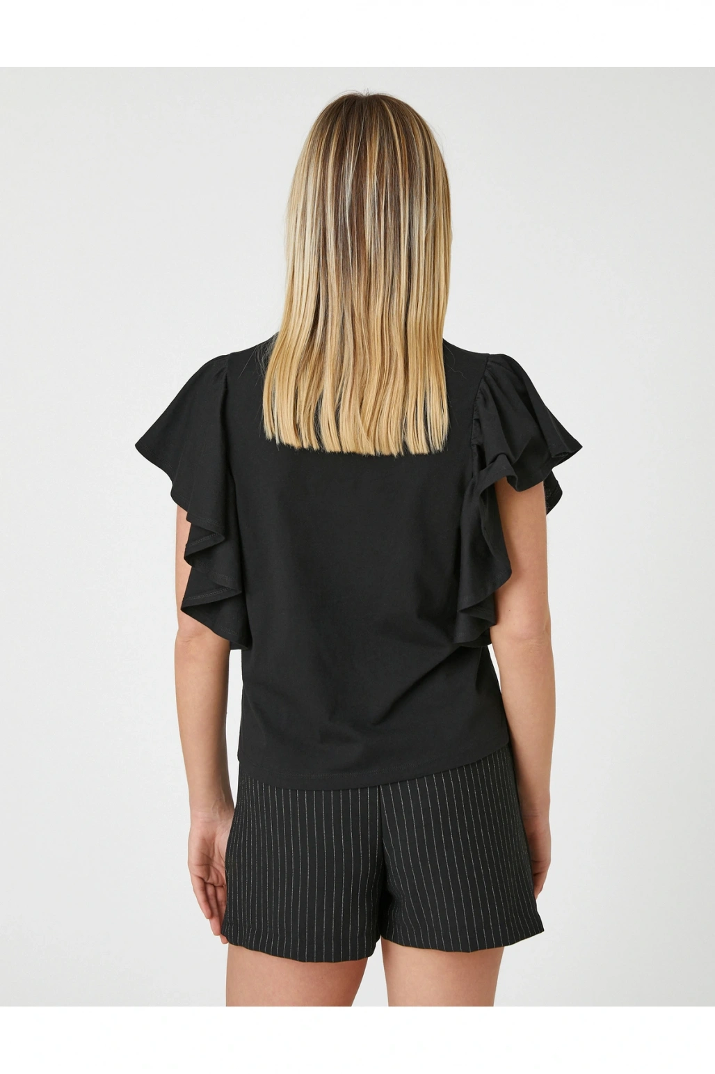 Kolları Volanlı Tişört Bisiklet Yaka Pamuklu