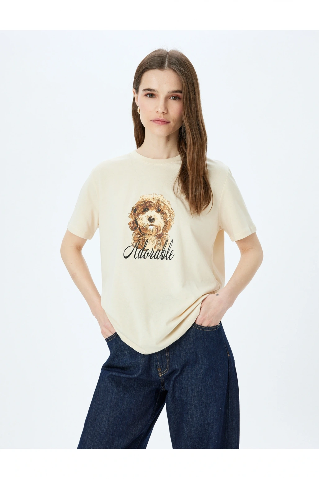 Köpek Baskılı Kısa Kollu Bisiklet Yaka Tişört