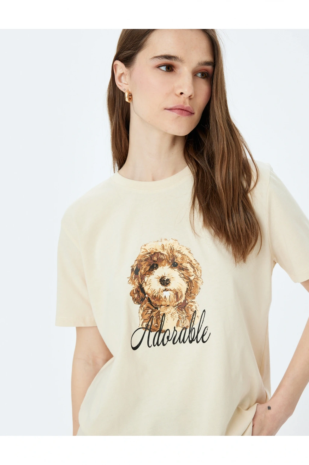 Köpek Baskılı Kısa Kollu Bisiklet Yaka Tişört