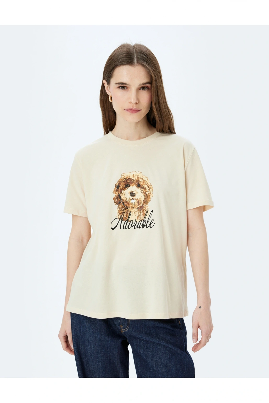 Köpek Baskılı Kısa Kollu Bisiklet Yaka Tişört