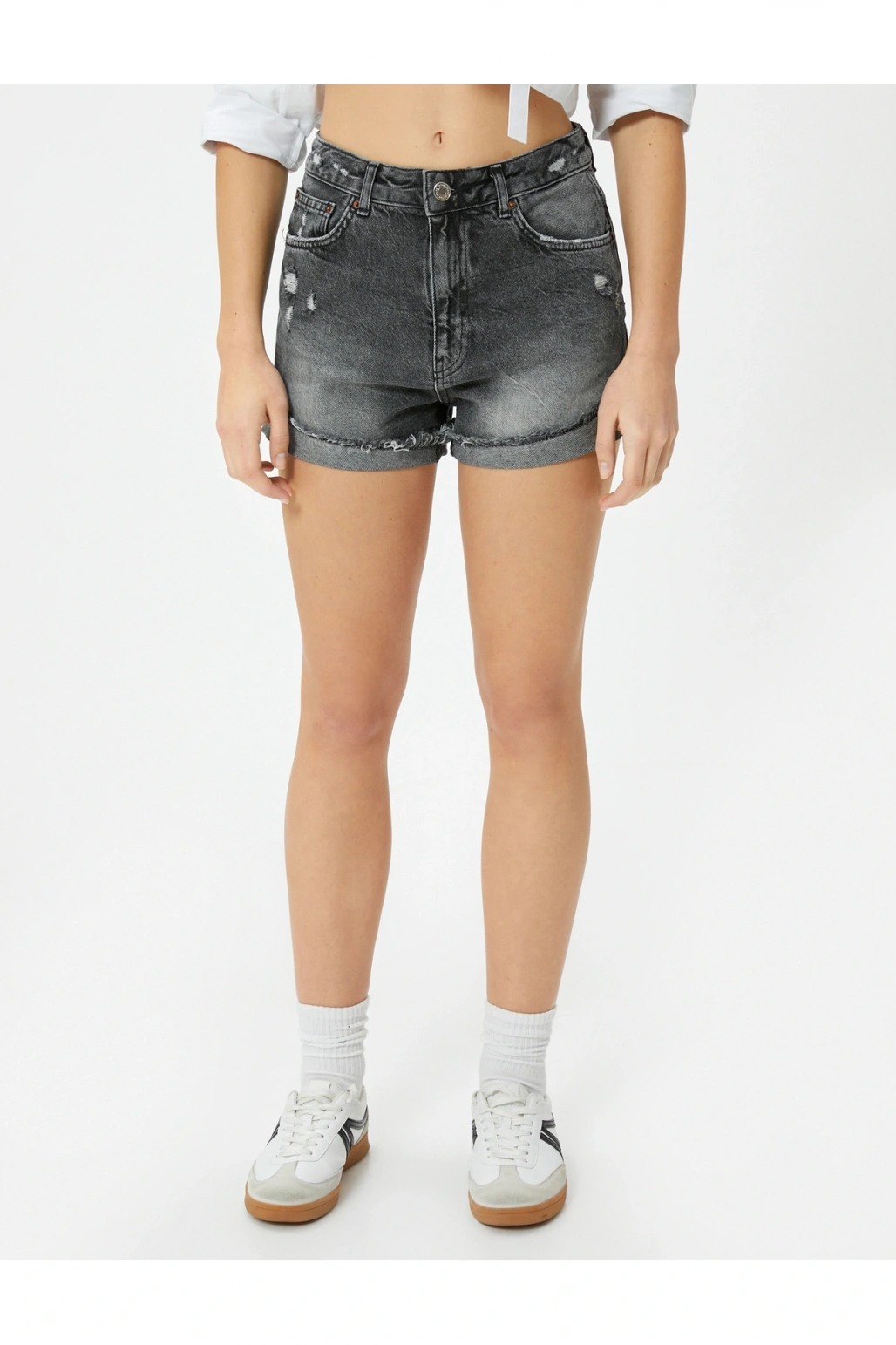 Kot Şort Yüksek Bel Ekstra Mini Paçaları Katlamalı Cepli