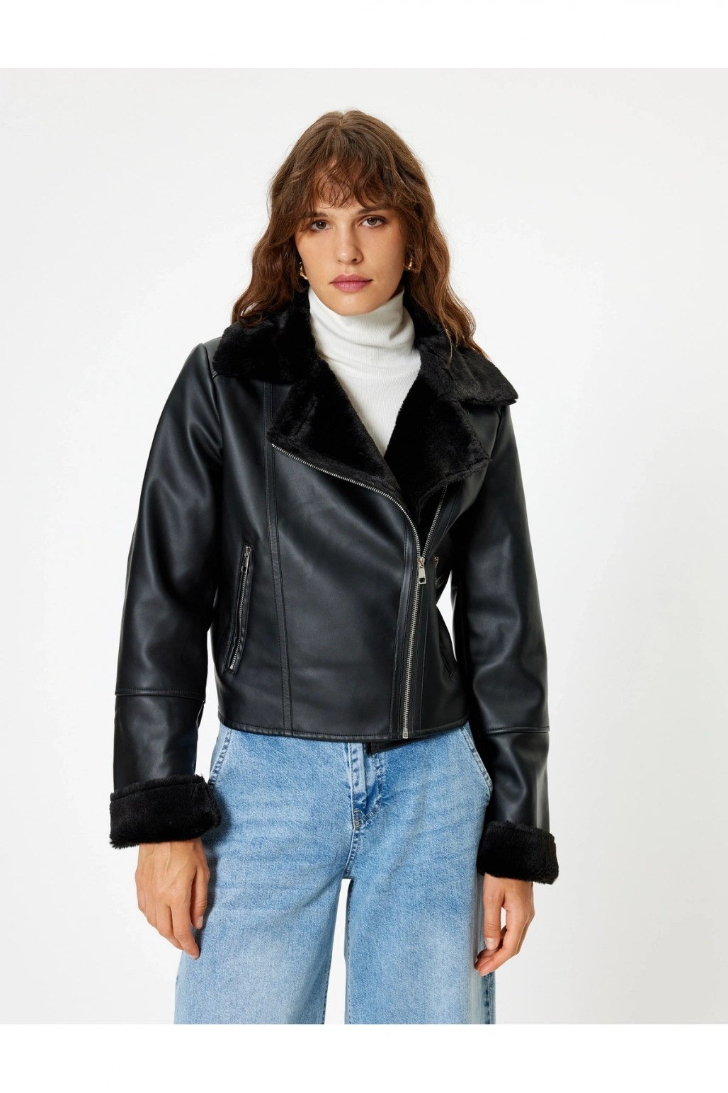 Koton Suni Kürk Yaka Suni Deri Ceket Fermuarlı Cepli