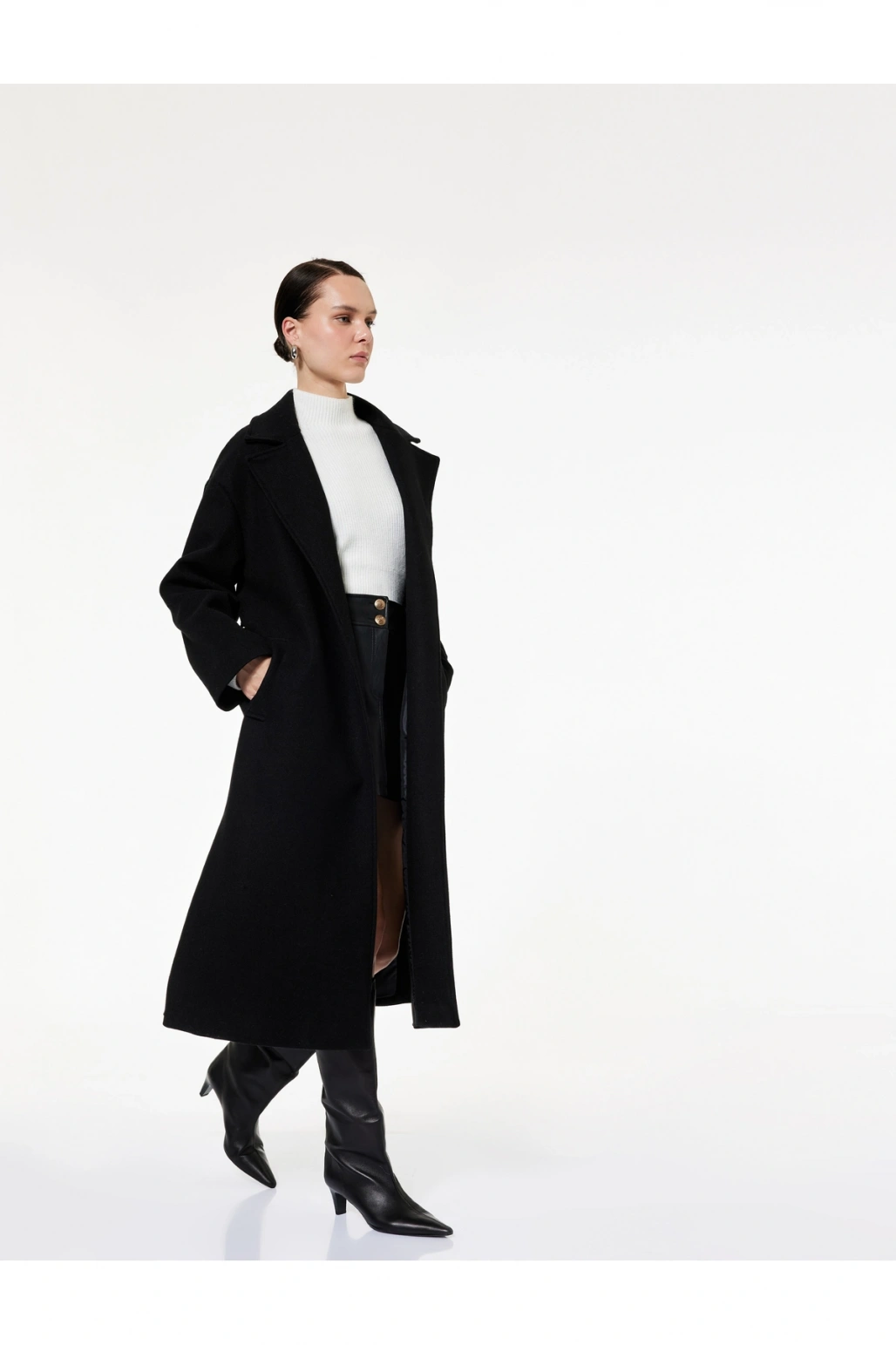 Koton Uzun Kollu Kruvaze Kemerli Uzun Kaşe Kaban