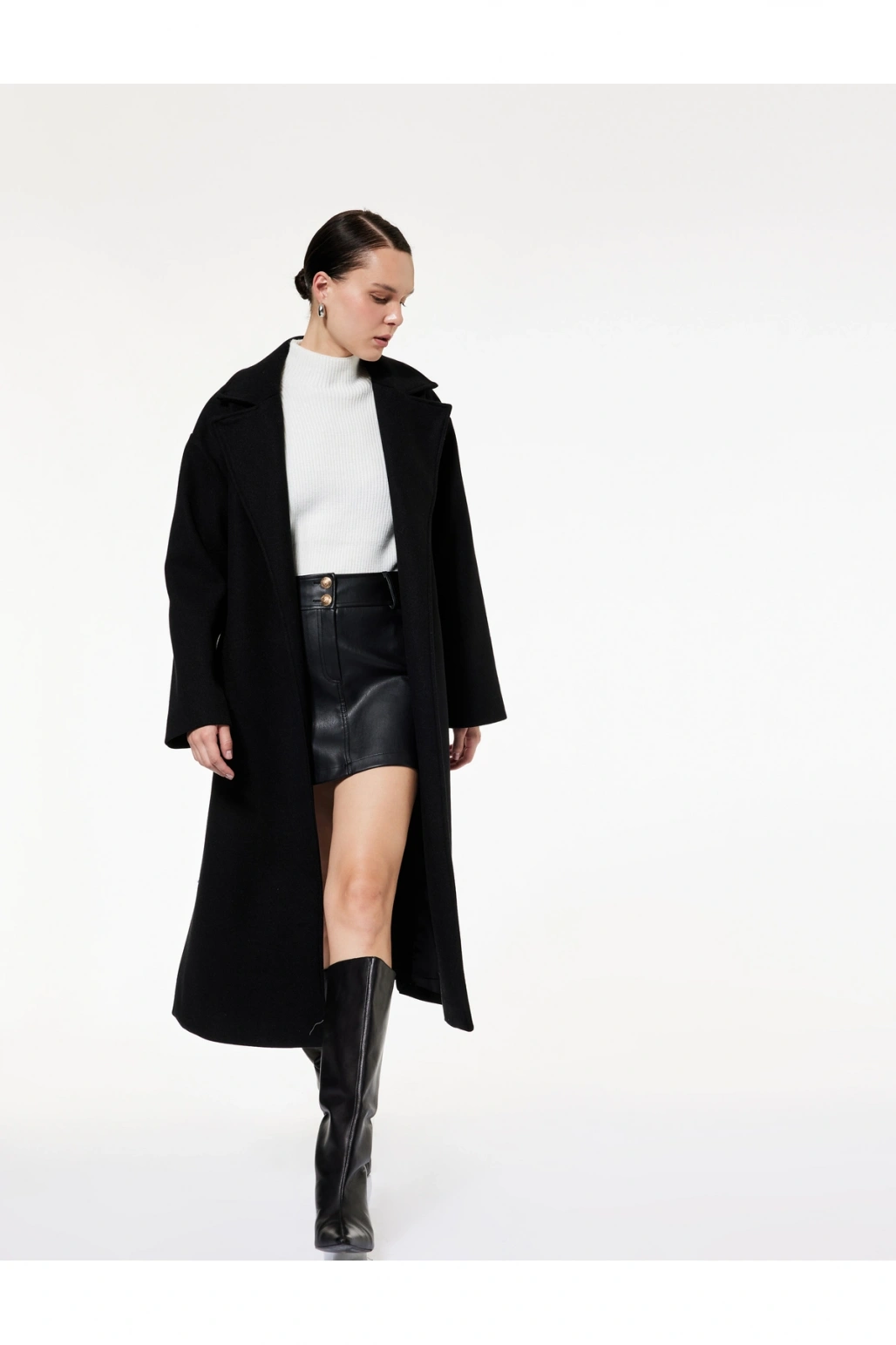 Koton Uzun Kollu Kruvaze Kemerli Uzun Kaşe Kaban