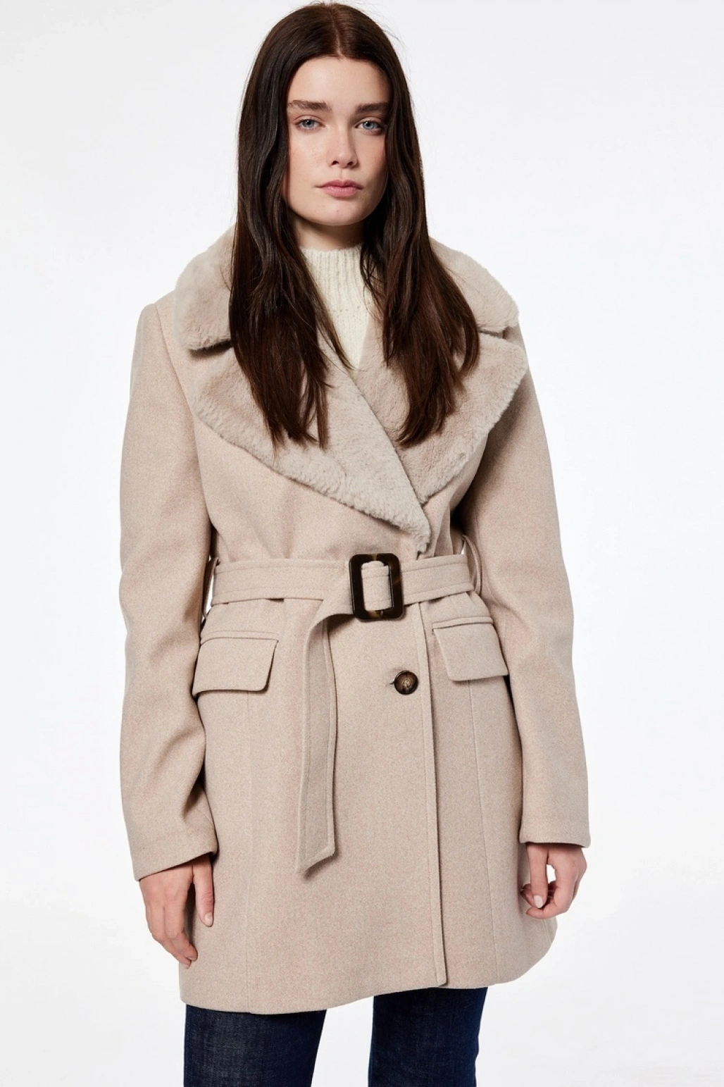 Koton X Şahika Ercümen - Suni Kürk Yaka Kaban Kaşe Kruvaze Kemerli Cepli