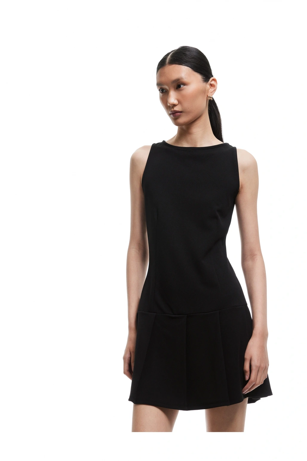 Krep Scuba Kumaş Kolsuz Bisiklet Yaka Mini Pileli Elbise