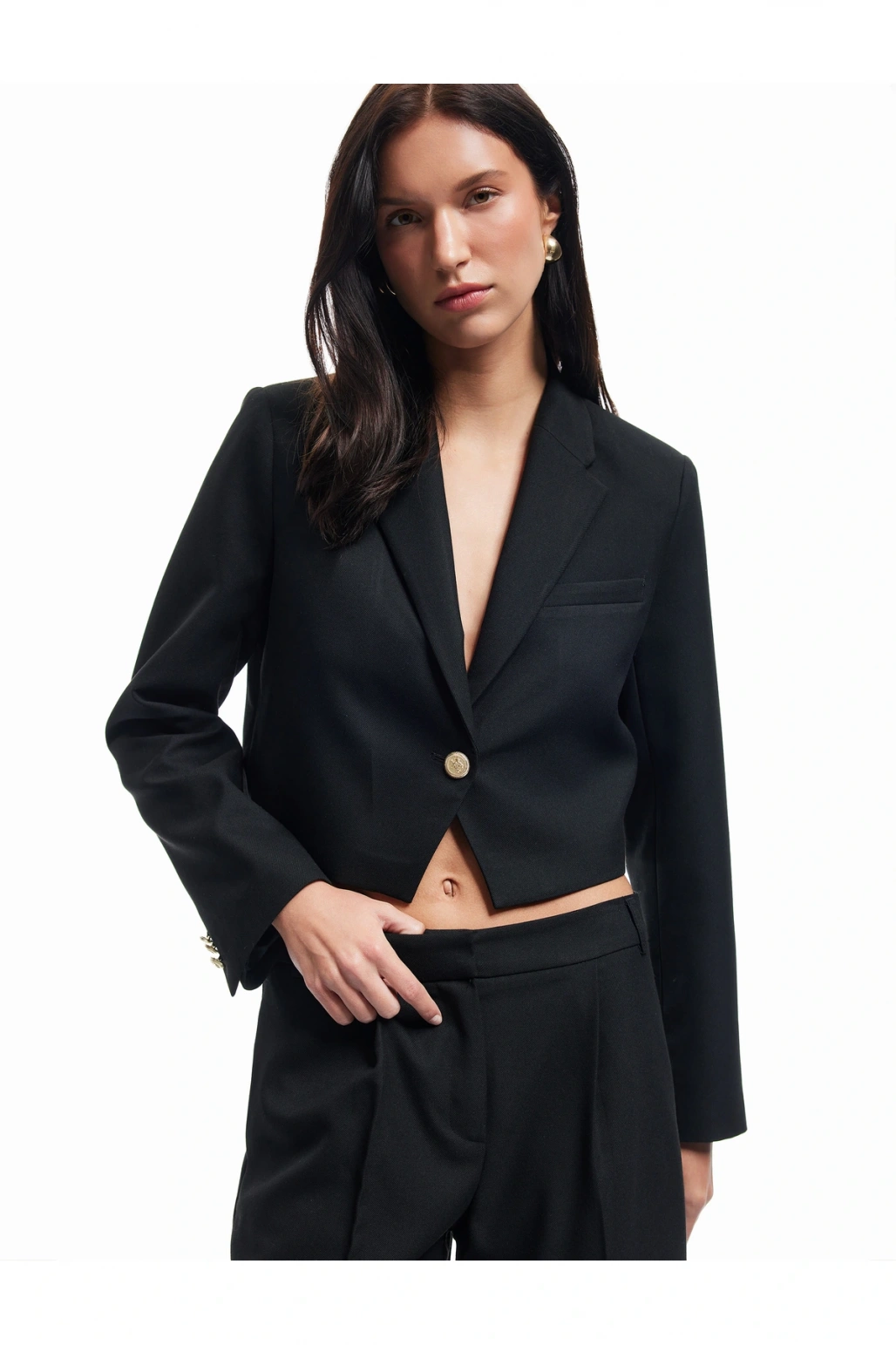 Kruvaze Uzun Kollu Crop Blazer Ceket