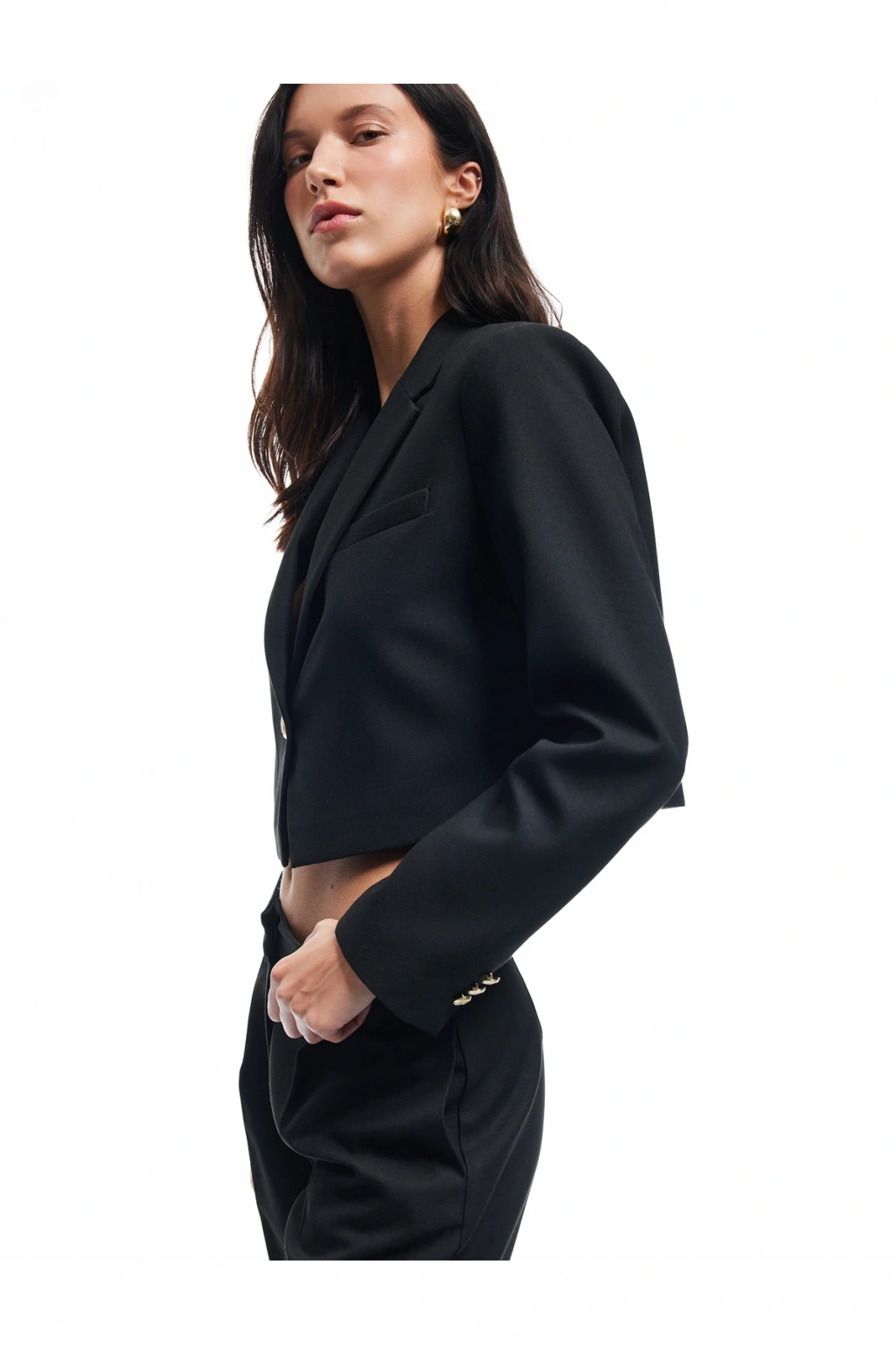 Kruvaze Uzun Kollu Crop Blazer Ceket