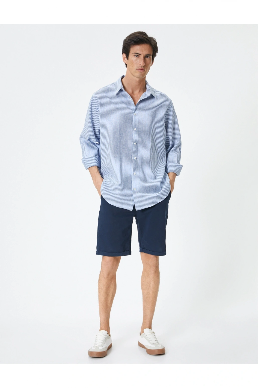 Kumaş Şort Bermuda Chino Slim Fit Düğmeli Cepli Katlı Paça