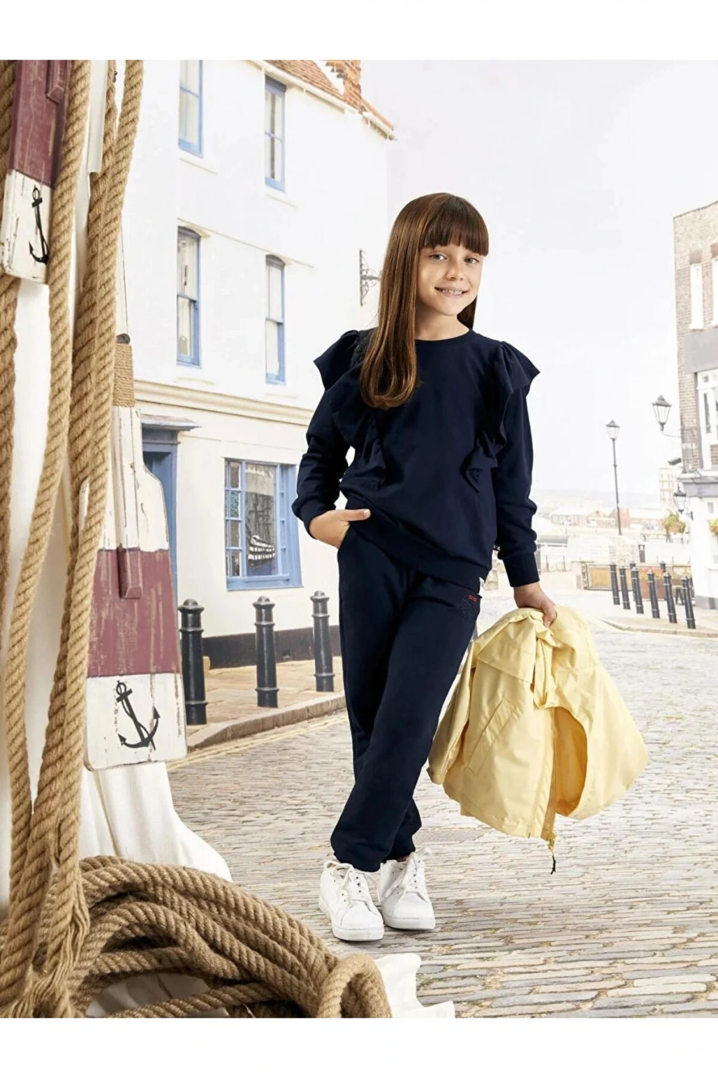 Lacivert Beli Lastikli Nakışlı Kız Çocuk Jogger Eşofman Altı