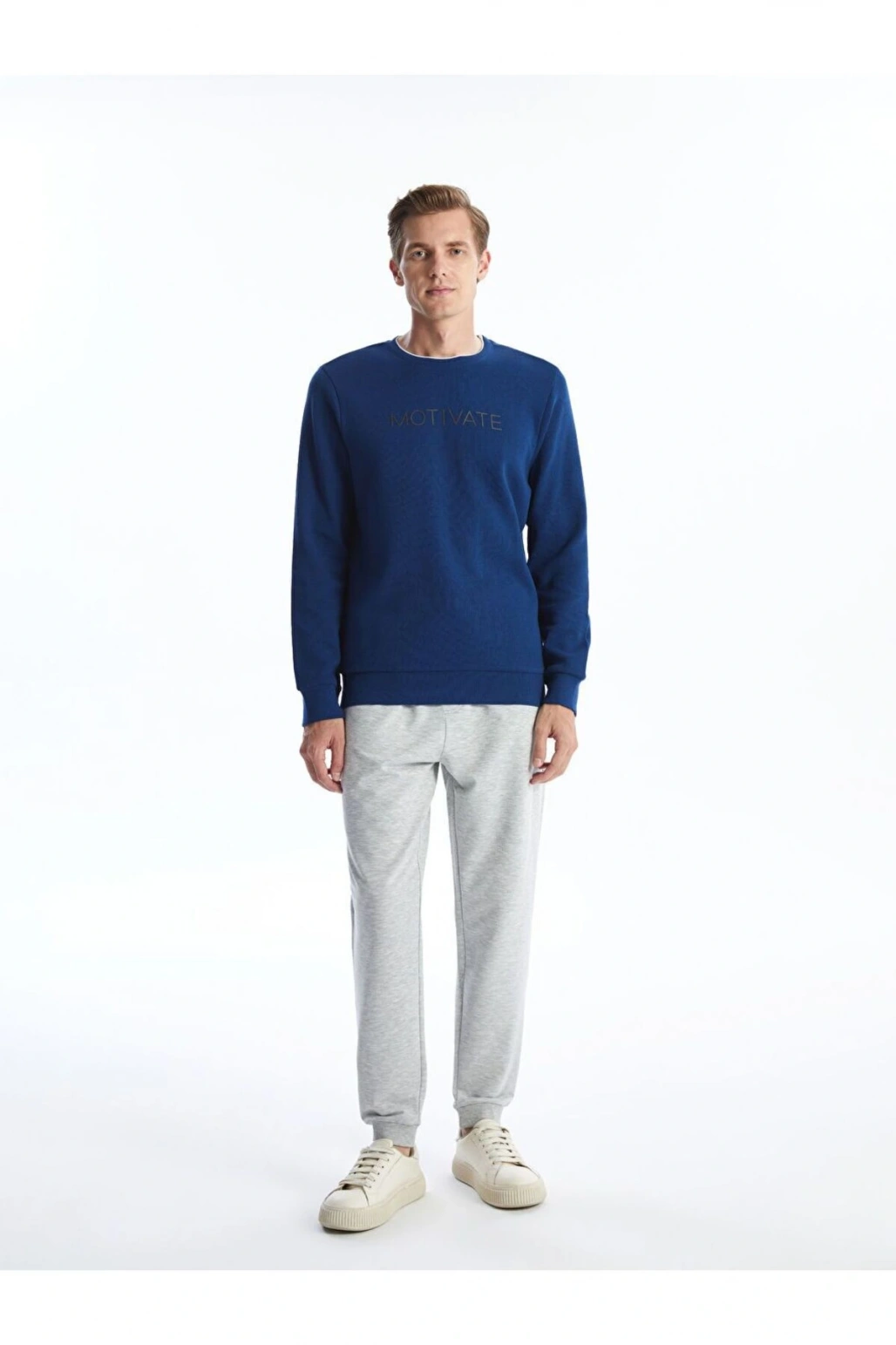 Lacivert Bisiklet Yaka Uzun Kollu Baskılı Erkek Sweatshirt