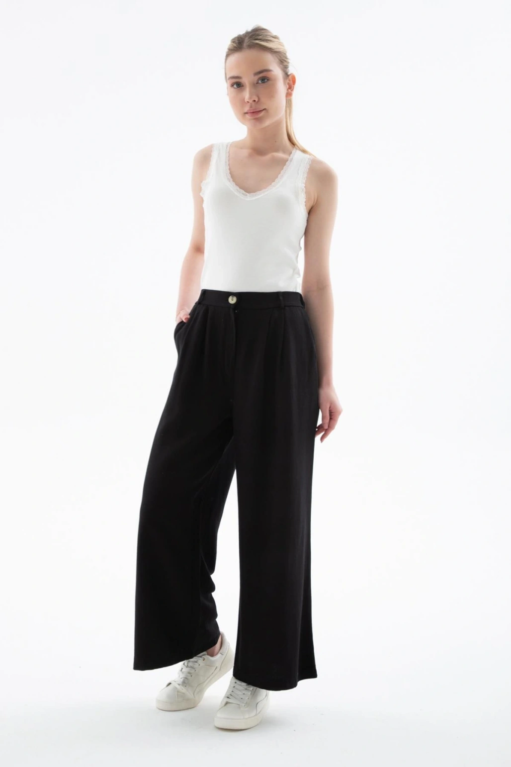 Lastikli Geniş Paça Keten Pantolon Siyah