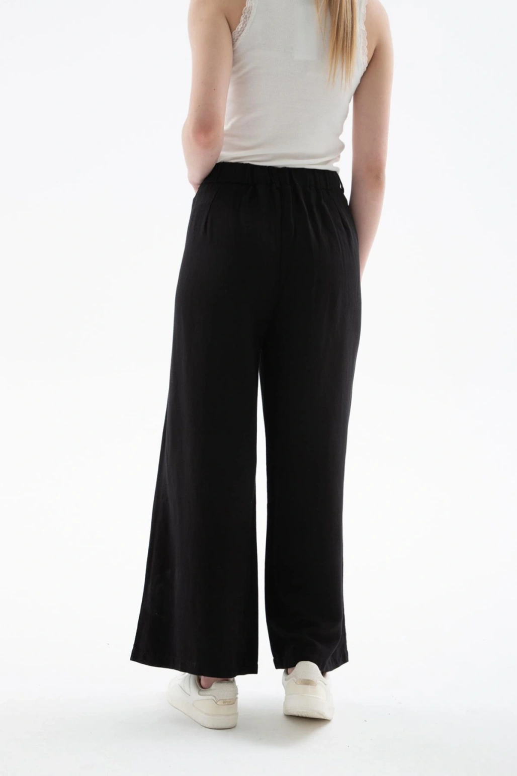 Lastikli Geniş Paça Keten Pantolon Siyah