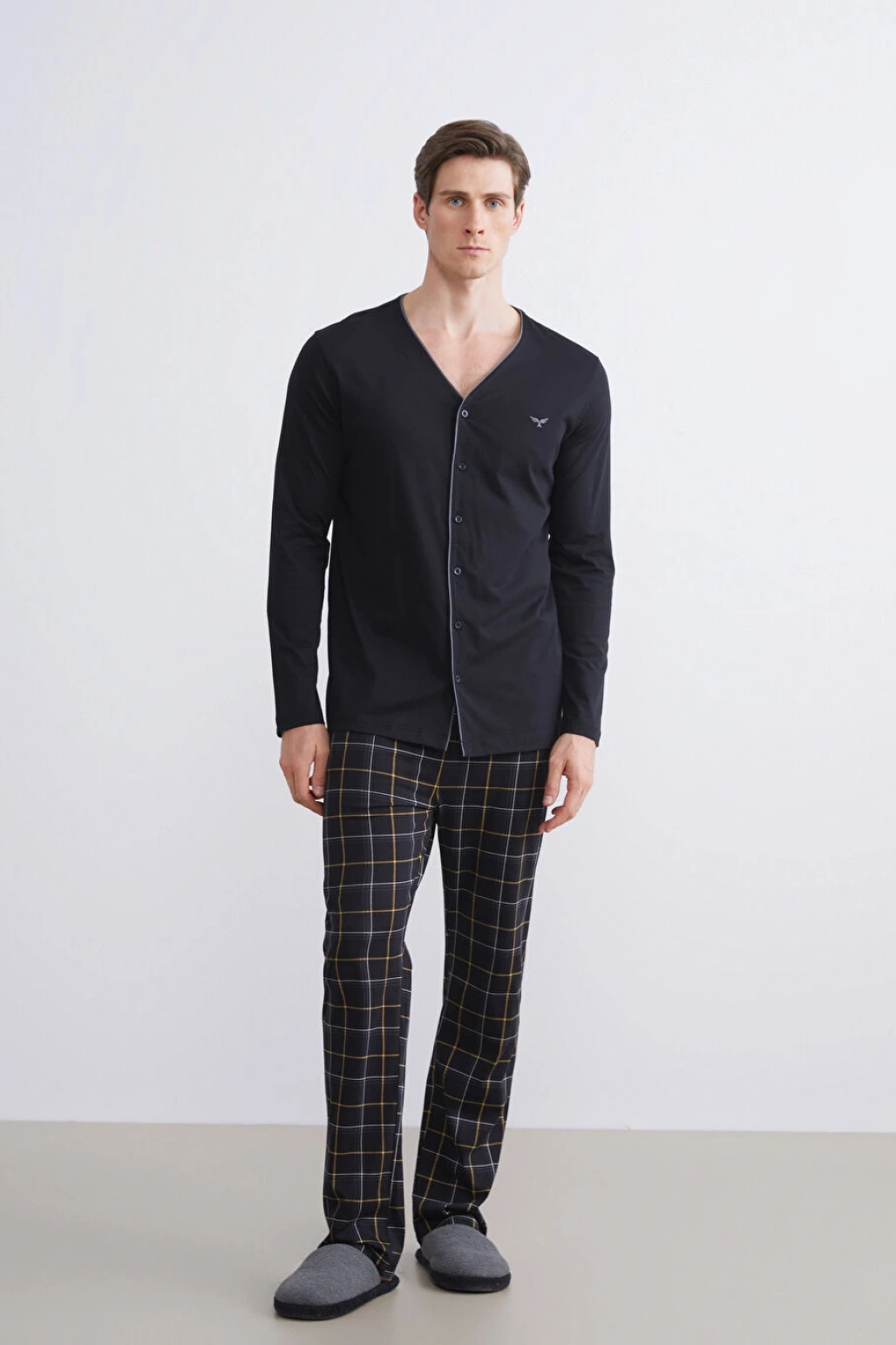 LC WAIKIKI Siyah Standart Kalıp Erkek Düğmeli Pijama Takımı