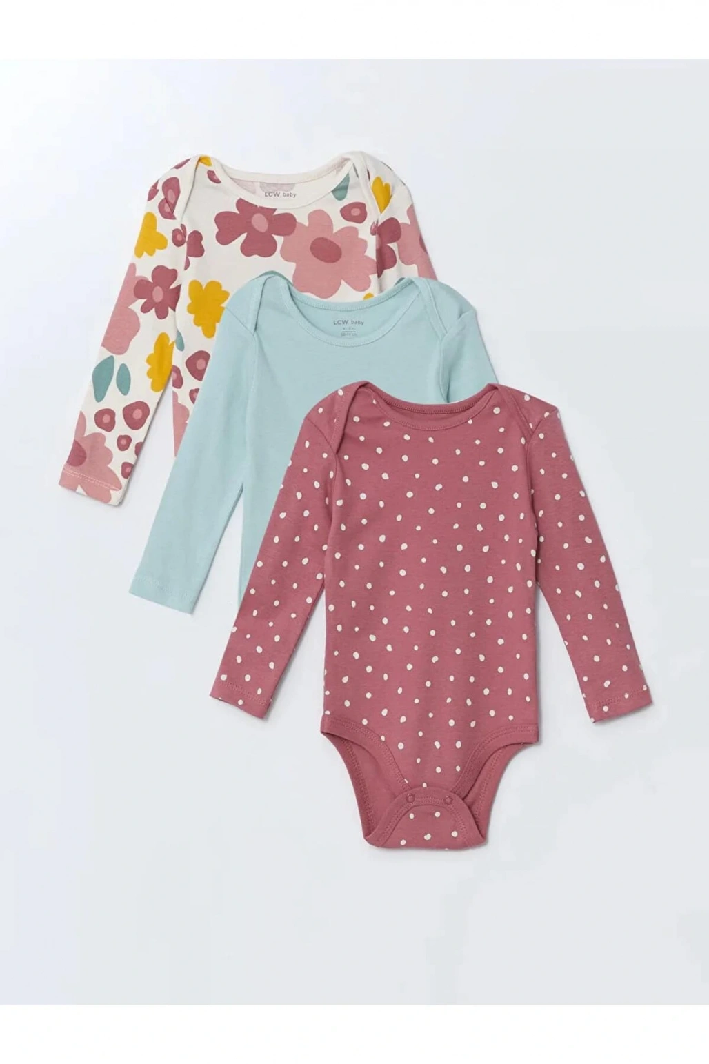 LCW baby Bej Bisiklet Yaka Kız Bebek Çıtçıtlı Body 3lü