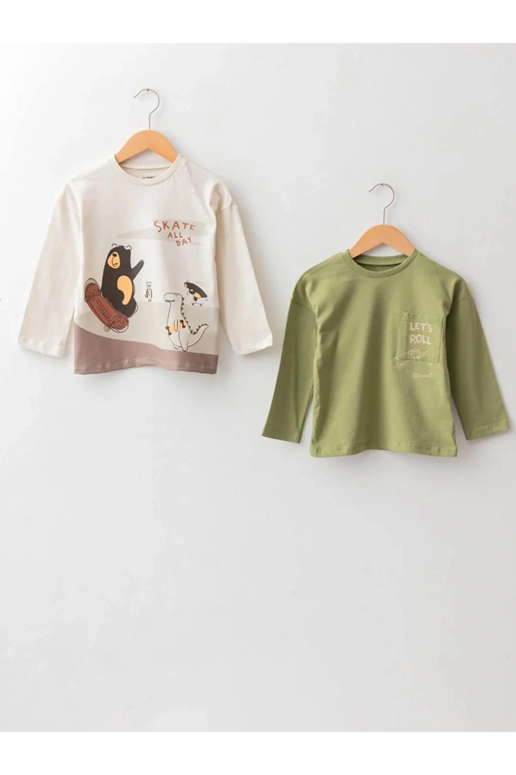 LCW baby Bej Bisiklet Yaka Uzun Kollu Baskılı Erkek Bebek Tişört 2li