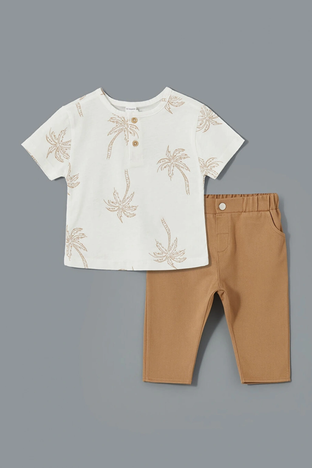 LCW baby Ekru Bisiklet Yaka Baskılı Erkek Bebek Tişört Ve Pantolon 2li Takım