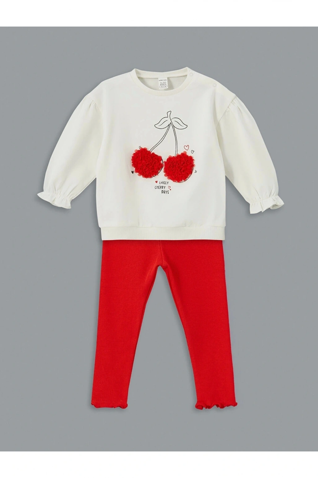 Lcw Baby Ekru Bisiklet Yaka Kiraz Baskılı Kız Bebek Sweatshirt Ve Tayt 2li
