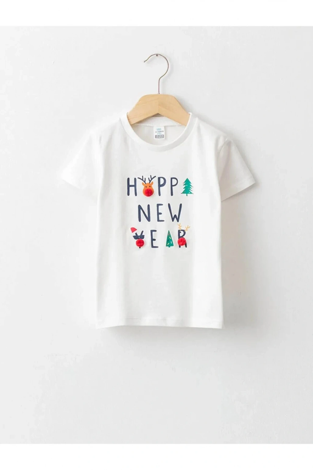 LCW baby Ekru Bisiklet Yaka Kısa Kol Baskılı Pamuklu Erkek Bebek Tişört