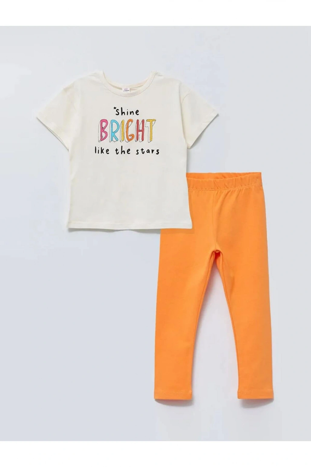 LCW baby Ekru Bisiklet Yaka Kısa Kollu Baskılı Pamuklu Kız Bebek Tişört ve Tayt 2li Takım