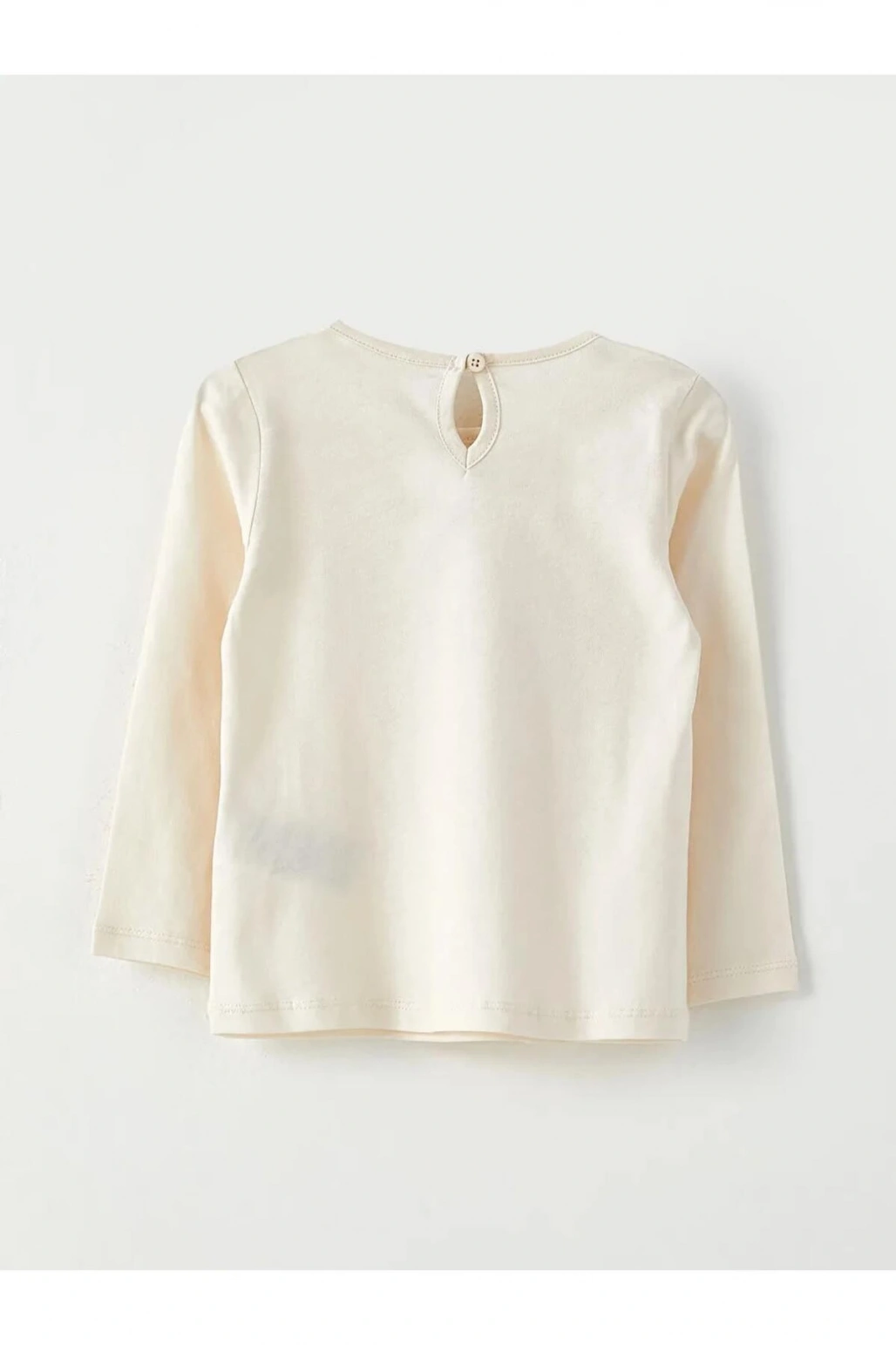 LCW baby Ekru Bisiklet Yaka Uzun Kol Baskılı Pamuklu Kız Bebek Tişört