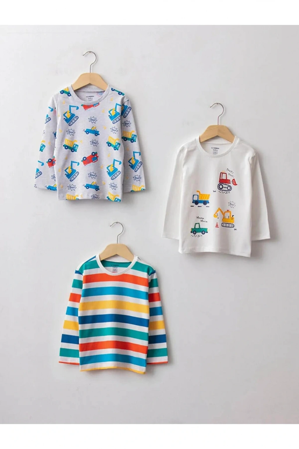 LCW baby Ekru Bisiklet Yaka Uzun Kollu Baskılı Pamuklu Erkek Bebek Tişört 3lü